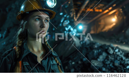 a girl in a work uniform with a helmet and a flashlight at a coal mine 116462128