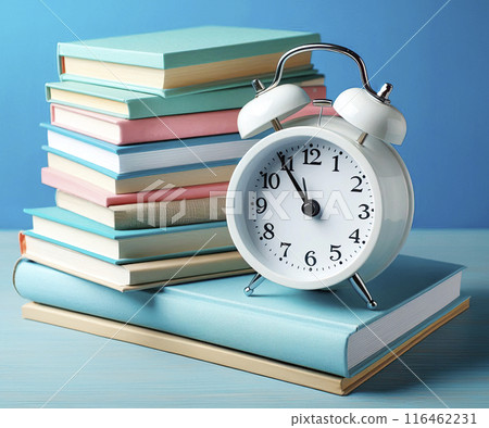 3D white alarm clock, brown book, blue pen, red apple stand horizontally in a line on a light blue background 116462231