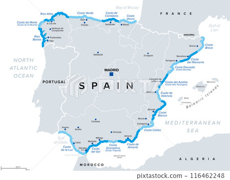 Coasts of Spain, beaches and coastlines of the Spanish Riviera, political map. Spanish mainland on the Iberian Peninsula, with the touristic names of seventeen famous beaches, such as Costa del Sol. Coasts of Spain, beaches and coastlines of the Spanish Riviera, political map. Spanish mainland on the Iberian Peninsula, with the touristic names of seventeen famous beaches, such as Costa del Sol. 116462248