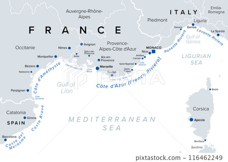 Southern France coasts, political map. Southernmost part of France, bordering the Mediterranean Sea. Map with Provence and French Riviera, Corsica and part of Liguria and Italian Riviera, and Corsica. 116462249