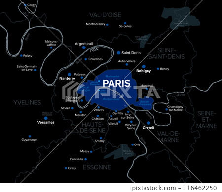 Paris, department and capital of France, dark political map. Petite Couronne, the inner ring, a part of Ile-de-France, formed by 3 departments bordering Paris, forming a geographical crown around it. 116462250
