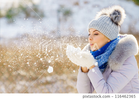 Female wearing warm outfit during winter Female wearing warm outfit during winter 116462365