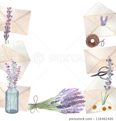 Envelopes, lavender flowers, scissors, jute rope frame isolated on white. Hand painted in watercolor. High quality stationary textured art great for cards, posters, packages, herbal production 116462480