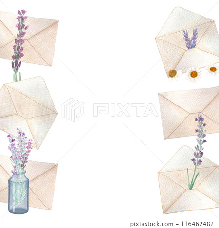 Envelopes and lavender flowers, frame isolated on white. Hand painted in watercolor. High quality stationary textured art great for cards, posters, packages, herbal production, notebooks 116462482