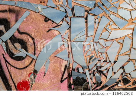 Detail of graffiti and mirror mosaic, Spain 116462508