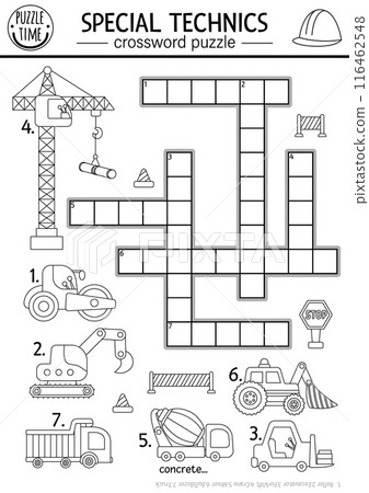 Vector black and white construction site crossword puzzle for kids. Coloring page, quiz with car, truck, excavator, bulldozer, lifting crane. Cute educational cross word activity with industrial 116462548
