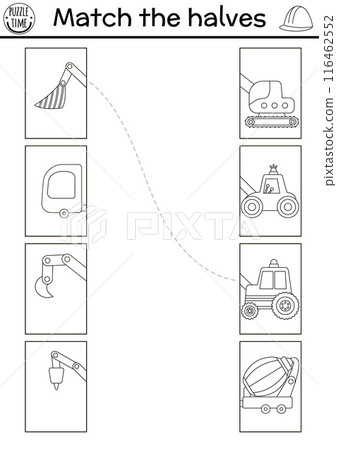 Construction site black and white connect the halves worksheet. Building works matching game with bulldozer, concrete mixer, truck, tractor. Match back and front activity or coloring page Construction site black and white connect the halves worksheet. Building works matching game with bulldozer, concrete mixer, truck, tractor. Match back and front activity or coloring page 116462552