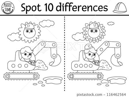 Find differences black and white game for children. Construction site educational activity with boy driver in excavator digging pit. Puzzle for kids with worker. Printable worksheet, coloring page Find differences black and white game for children. Construction site educational activity with boy driver in excavator digging pit. Puzzle for kids with worker. Printable worksheet, coloring page 116462564