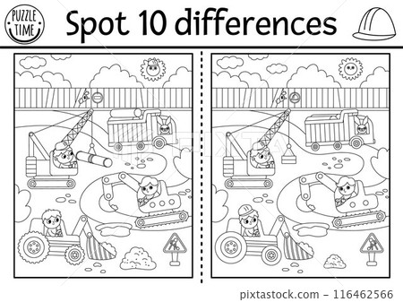 Find differences black and white game for children. Educational activity with workers repairing road. Puzzle for kids with builders. Printable worksheet, coloring page with construction site scene Find differences black and white game for children. Educational activity with workers repairing road. Puzzle for kids with builders. Printable worksheet, coloring page with construction site scene 116462566