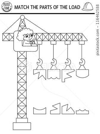 Construction site black and white shadow and shape matching activity with lifting crane, operator. Find correct silhouette printable worksheet, game, coloring page for kids. Match the parts of the 116462588