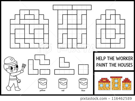 Construction site black and white shape recognition activity with painter. Building works puzzle. Find correct silhouette printable worksheet, coloring page, game for kids. Help worker paint houses Construction site black and white shape recognition activity with painter. Building works puzzle. Find correct silhouette printable worksheet, coloring page, game for kids. Help worker paint houses 116462589