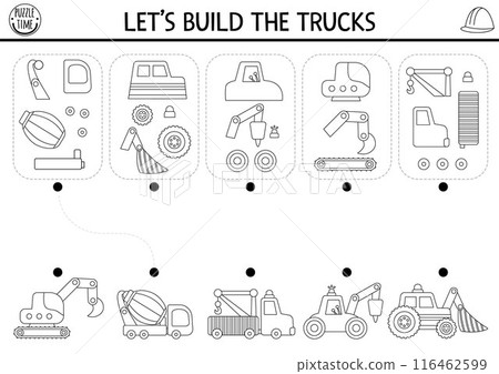 Construction site black and white matching and logical activity with special technics. Assemble the truck from parts puzzle. Match parts and whole object game, printable worksheet, coloring page 116462599
