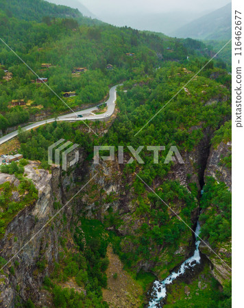 Mountain view with road and flydasjuvet viewpoint Mountain view with road and flydasjuvet viewpoint 116462677