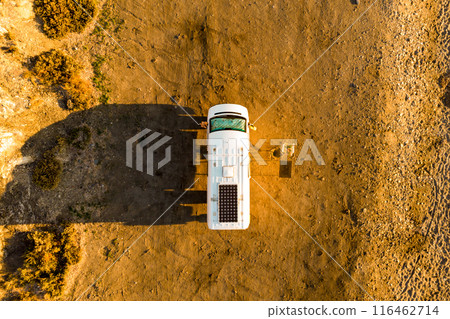 Caravan van on beach. Aerial view 116462714