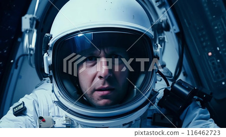 Brave astronaut sits in a spaceship while orbiting around the earth. Brave astronaut sits in a spaceship while orbiting around the earth. 116462723