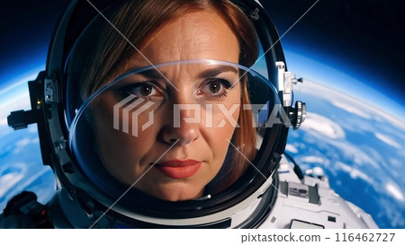 Brave astronaut sits in a spaceship while orbiting around the earth. 116462727