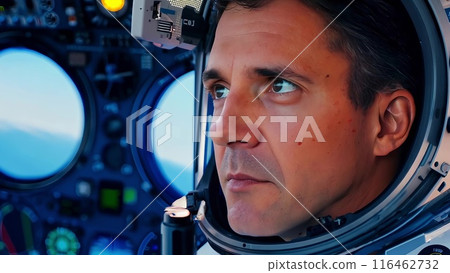 Brave astronaut sits in a spaceship while orbiting around the earth. 116462732