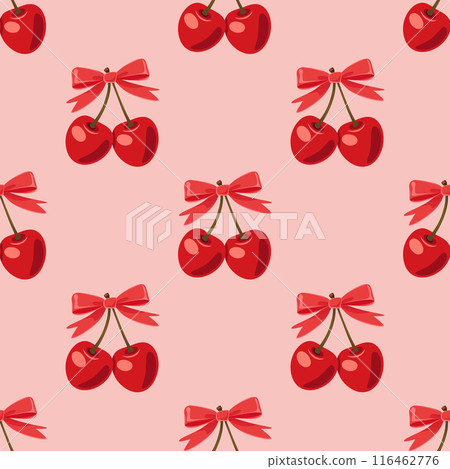 Vector Seamless Pattern with Adorable Cherry Couple and Bow on Pink Background. Cute Cherries for Valentine s Day, Love, Romance Concept 116462776