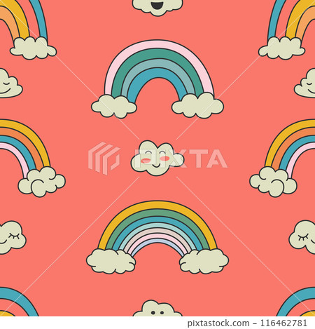 Flat Vector Seamless Pattern with Funny Cartoon Rainbow and Clouds. Trendy Trippy Retro Cartoon Style. Hippie 60s, 70s Style 116462781