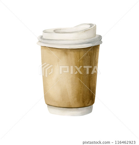 Coffee to go. Disposable craft paper coffee cup takeaway. Watercolor food illustration hand painted isolated on white background for cafe menu, cook book, table textile, packages, confectionery design Coffee to go. Disposable craft paper coffee cup takeaway. Watercolor food illustration hand painted isolated on white background for cafe menu, cook book, table textile, packages, confectionery design 116462923