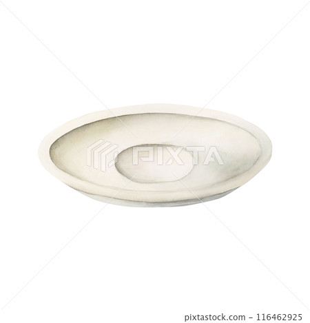 White empty saucer, plate. Porcelain crockery. Watercolor food illustration hand painted isolated on white background for cafe menu, cook book, table textile, packages, confectionery design 116462925