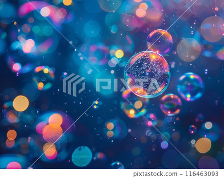 Dark blue night sky illuminated by dreamy, glowing colorful bubbles 116463093