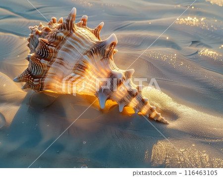 Spiral seashell on white sand, quiet ocean life reminder 116463105