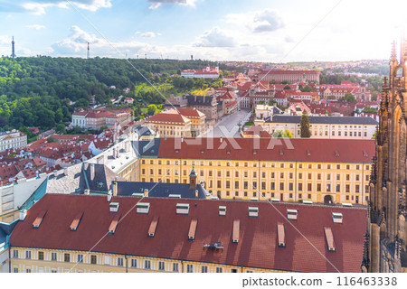 The warm glow of sunset bathes the historic Hradcany district and Strahov Monastery in Prague, highlighting the grandeur of this iconic European architectural ensemble. Prague, Czechia 116463338