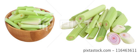 Fresh Lemongrass slices in wooden bowl isolated on white background with full depth of field Fresh Lemongrass slices in wooden bowl isolated on white background with full depth of field 116463611