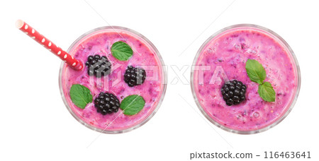 blackberry yogurt or smoothie with mint leaves isolated on white background. Top view. Healthy Eating 116463641