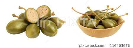 Capers in wooden bowl isolated on white background. Pickled or canned capers. 116463676