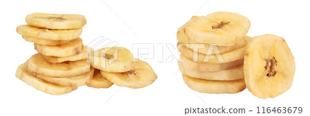 Dried banana chips isolated on white background with full depth of field Dried banana chips isolated on white background with full depth of field 116463679