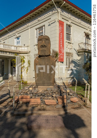 Moai statue in Vina del Mar, close to Valparaiso and Santiago in front of Fonck museum Moai statue in Vina del Mar, close to Valparaiso and Santiago in front of Fonck museum 116463758