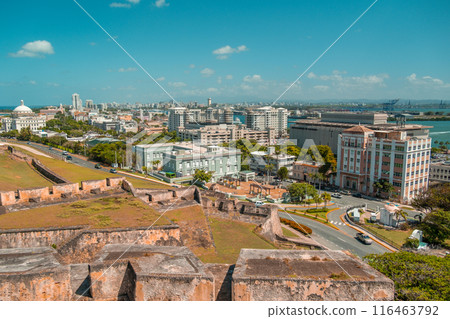 View from Castillo San Cristobal -fort, castle- in Old San Juan in Puerto Rico to the new modern city 116463792