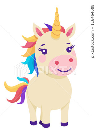 Baby unicorn with bright hair and tail and golden horn. Vector isolated illustration 116464089