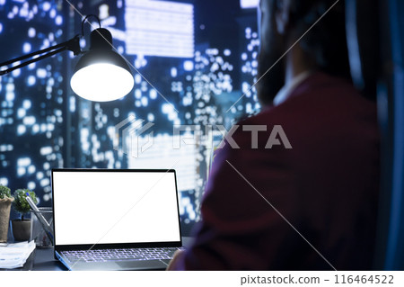 Executive board member looking at laptop with white display, looking to increase earnings and provide new capital funds for development. CFO working with pc showing isolated blank screen. Executive board member looking at laptop with white display, looking to increase earnings and provide new capital funds for development. CFO working with pc showing isolated blank screen. 116464522