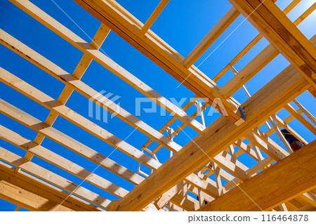 New house was constructed utilizing ceiling rafter framework beams New house was constructed utilizing ceiling rafter framework beams 116464878