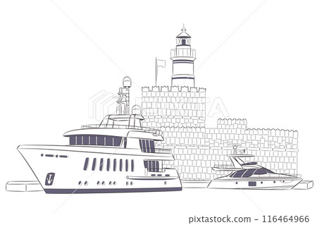 Black and white drawing of an old lighthouse and boats at the pier, Rhodes, Greece Black and white drawing of an old lighthouse and boats at the pier, Rhodes, Greece 116464966