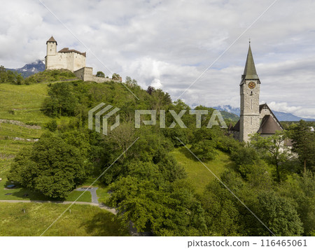 Gutenberg Castle - Medieval Burg in town of Balzers, Principality of Liechtenstein. Aerial Picturesque summer landscape 116465061