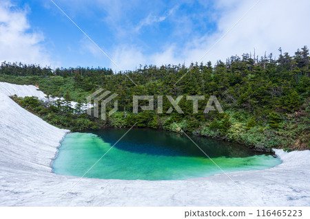 Japan's 100 famous mountains: Hachimantai snow melting at Megane-numa 116465223