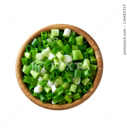 Chopped green onion in a wooden bowl isolated on white background. Top view. 116465357