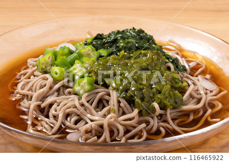 Sticky chilled soba noodles (with okra, molokheiya and mekabu) Sticky chilled soba noodles (with okra, molokheiya and mekabu) 116465922