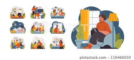Hygge set. Happy people relaxing at home, family members leisure time. Slow lifestyle approach. Idea of coziness and comfort. Body and mind balance. Flat vector illustration 116466030