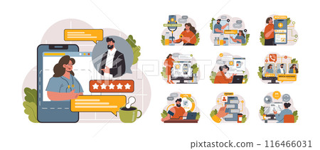 Telemedicine set. Online consultation with a doctor. Remote medical treatment by videocalling on a device. Medical worker video chat. Flat vector illustration 116466031