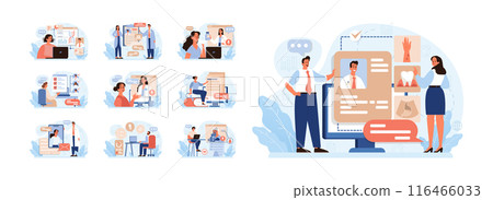Telemedicine set. Online consultation with a doctor. Remote medical treatment by videocalling on a device. Medical worker video chat. Flat vector illustration 116466033