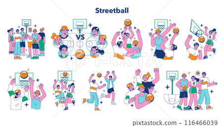 Streetball game set. Team players play basketball outside. Teen or young adult characters in a sportswear play with a ball. Flat vector illustration. 116466039