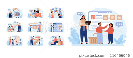 School preparation set. School kids with parents prepare for studying. Characters buying new clothes, textbooks and stationery. Elementary education, back to school idea. Flat vector illustration School preparation set. School kids with parents prepare for studying. Characters buying new clothes, textbooks and stationery. Elementary education, back to school idea. Flat vector illustration 116466046