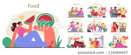 People cooking and eating food set. Character enjoying delivered or homemade meal. Delicious nutritions for family dinner or party. Flat vector illustration 116466047