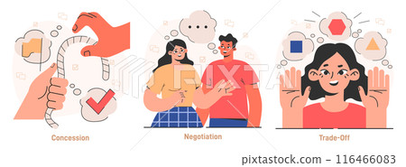 Compromise set. Finding common ground and search for mutual agreement. Communication, empathy and trust between characters. Establishing a cooperative relationship. Flat vector illustration 116466083