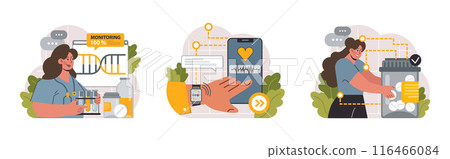 Healthtech set. Innovative diagnosis and treatment methodics. Telemedicine, health monitoring, laboratory research. Modern technologies for disease prevention and treatment. Flat vector illustration 116466084